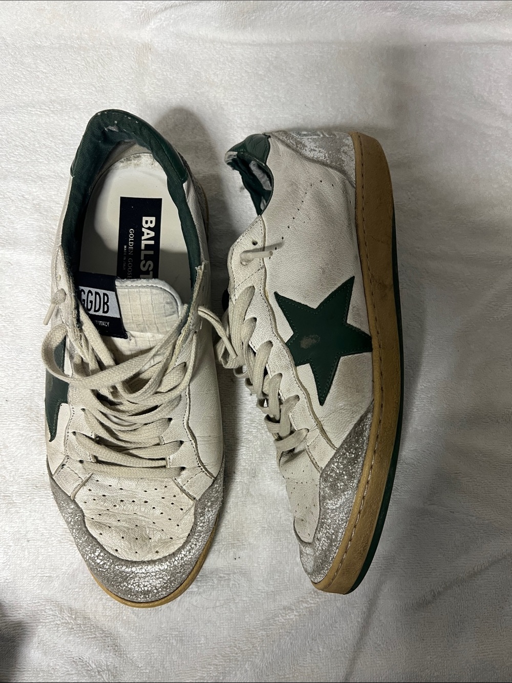 Golden Goose Men's White Sneakers with Green Star and Tan Sole